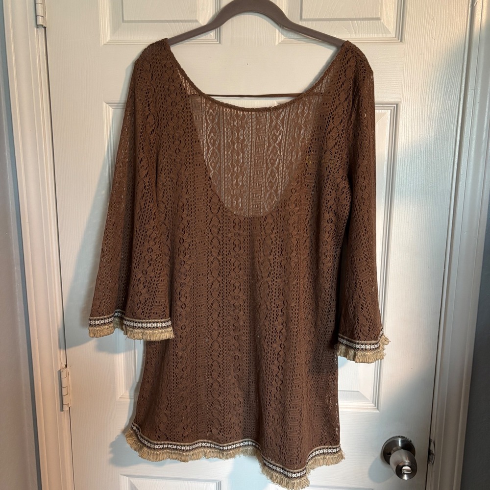 NWT Origami by Vivien Brown Boho Crochet Knit Fringe Tunic or Swim Cover Up XL - Picture 2 of 12